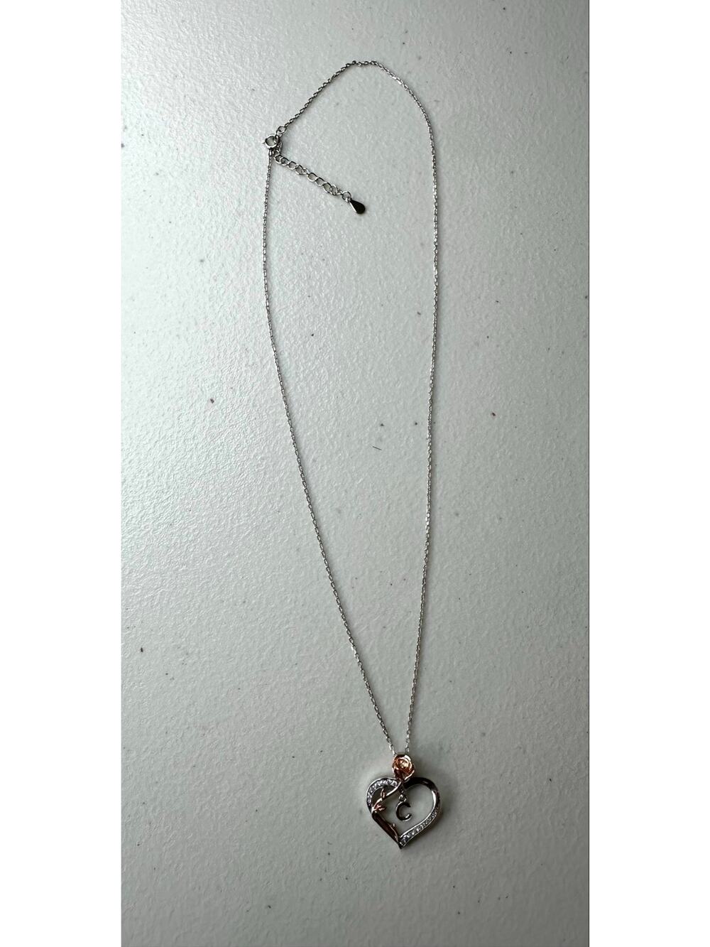 925 Sterling Silver Initial Letter C Heart Rose Necklace Two Tone CZ 19.5"